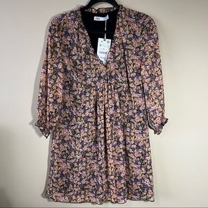Zara Pink Orange Black Floral Mini Dress Medium NWT